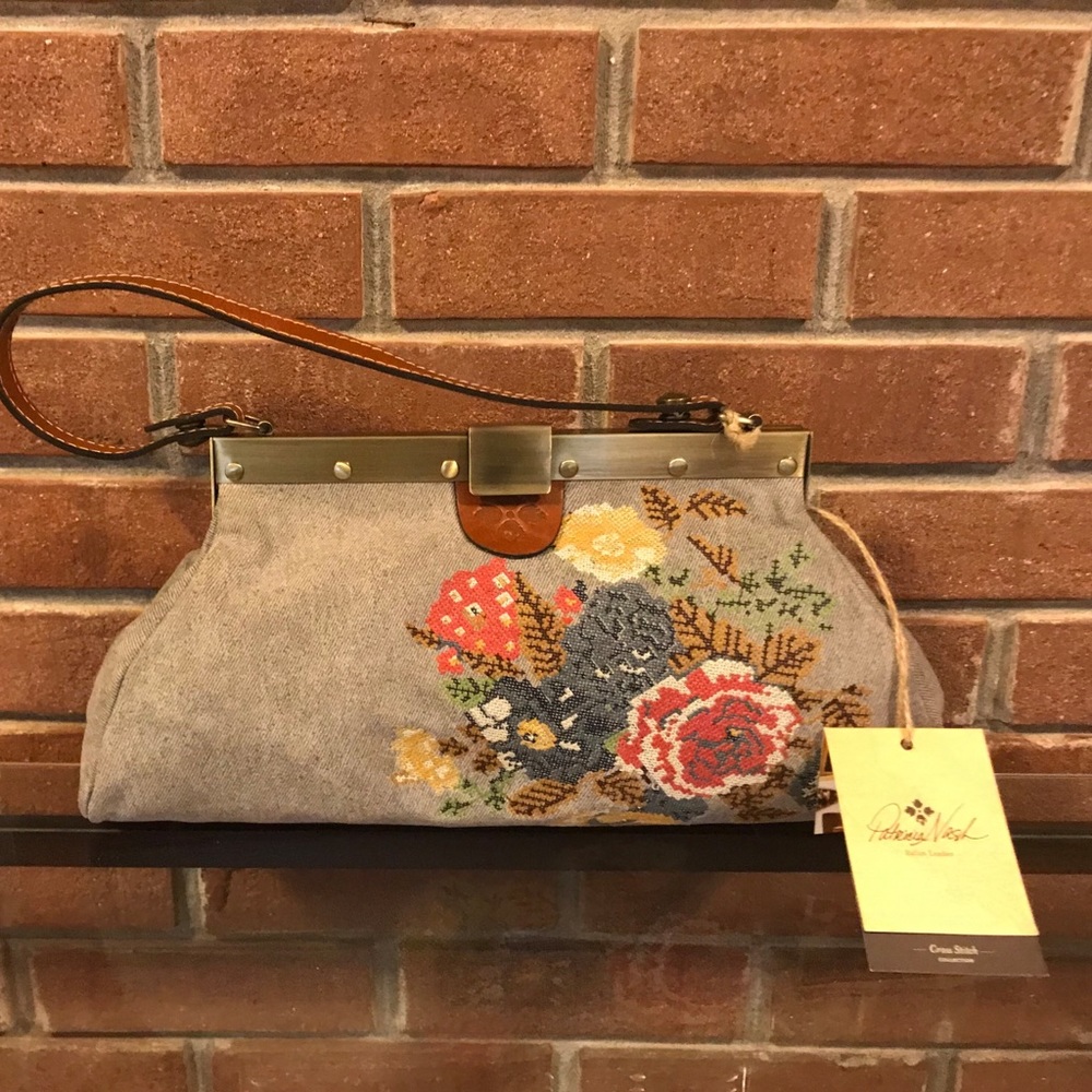 Patricia Nash Gray Floral Embroidered Crossbody Tote with Brown Leather Trim